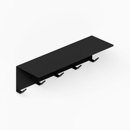 Minimalist black metal wall-mounted Splendid Shelf + Coat Hooks featuring five sturdy hooks and a streamlined shelf for versatile organization and display.