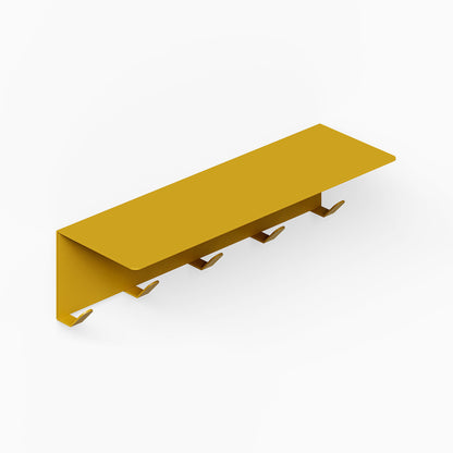 Minimalist bright yellow wall-mounted Splendid Shelf + Coat Hooks featuring five angled hooks for versatile wall organization and display.