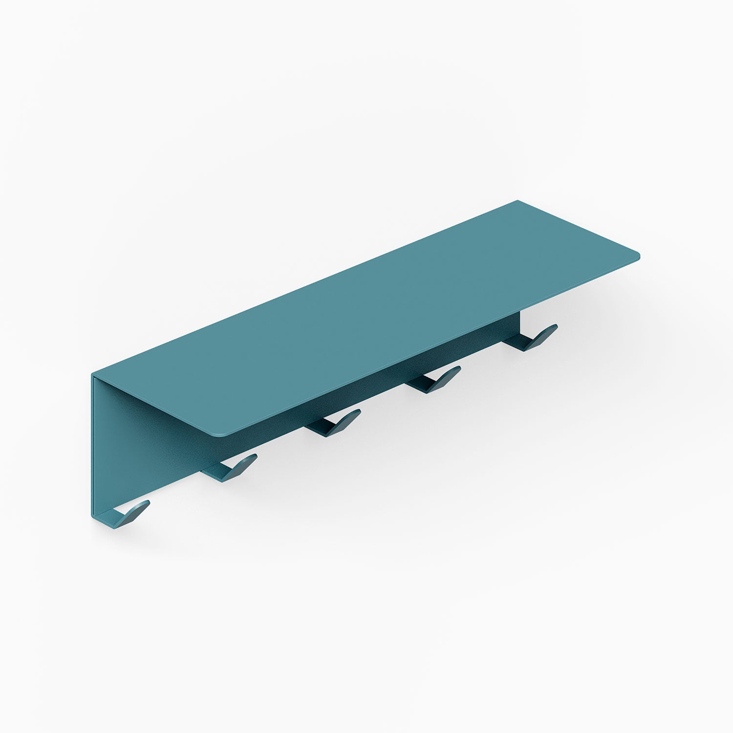 Minimalist teal metal wall shelf with five integrated hooks for hanging, showcasing the Splendid Shelf + Coat Hooks designed for organized, functional spaces.