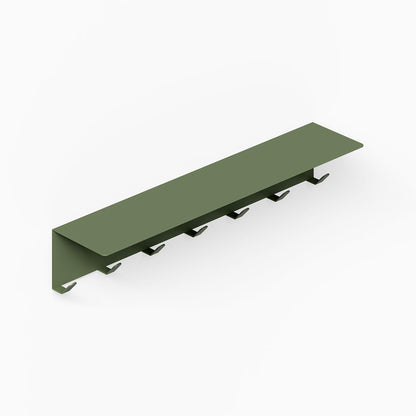 Minimalist olive green metal wall shelf with six integrated coat hooks, showcasing durable, American-made Splendid Shelf + Coat Hooks for organizing and displaying items.