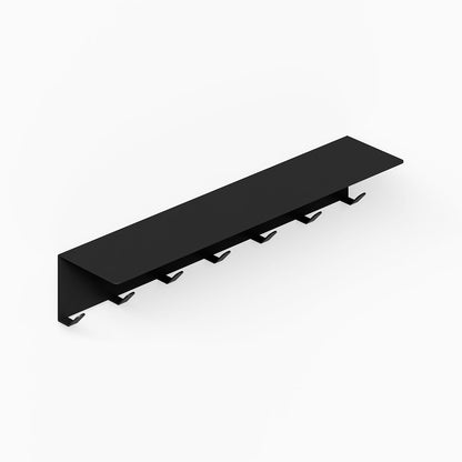 Splendid Shelf + Coat Hooks in black metal with seven hooks and a minimalist floating shelf design for functional wall organization.