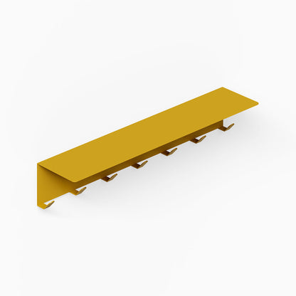 Minimalist yellow steel wall-mounted Splendid Shelf + Coat Hooks featuring seven rust-resistant hooks designed for organizing coats and accessories.