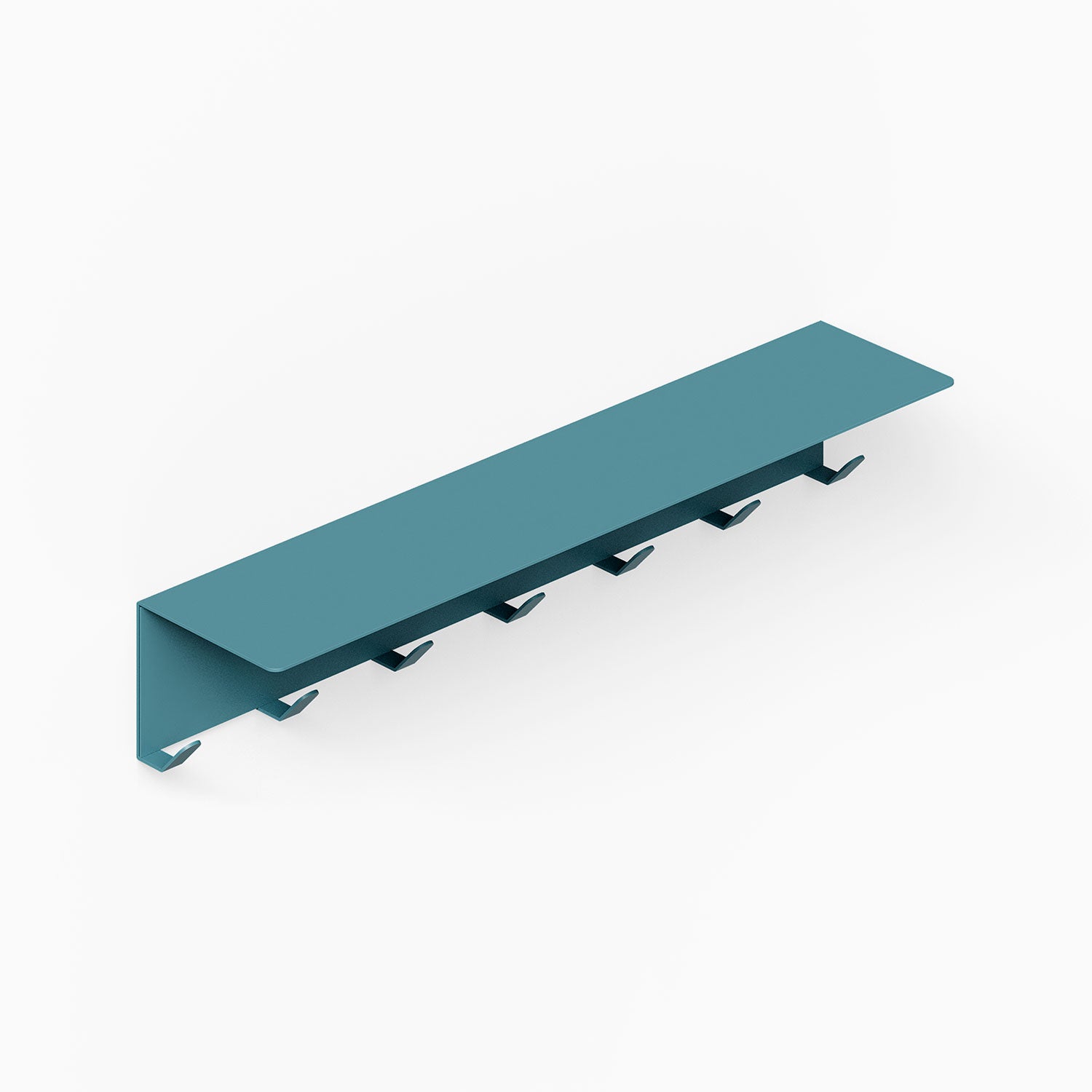 Splendid Shelf + Coat Hooks in a sleek steel blue finish, minimalist wall shelf with seven integrated hooks for functional organization and display.