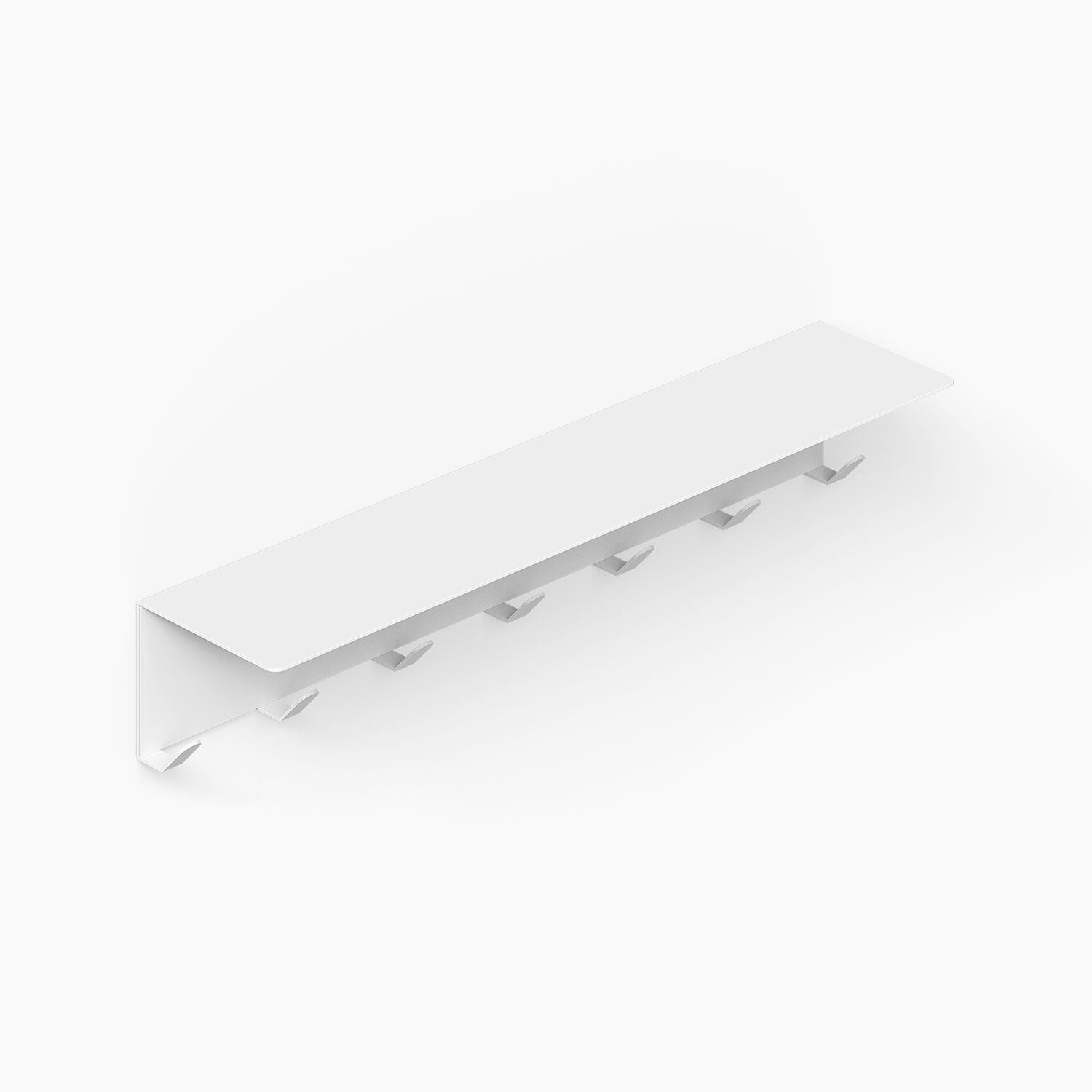 Minimalist white wall-mounted Splendid Shelf + Coat Hooks with seven hooks, designed for organizing and displaying items efficiently.