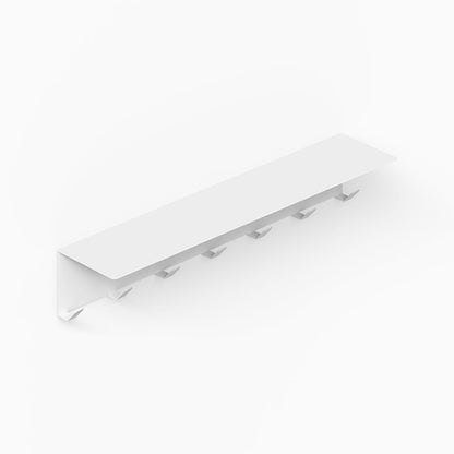 Minimalist white wall-mounted Splendid Shelf + Coat Hooks with seven hooks, designed for organizing and displaying items efficiently.