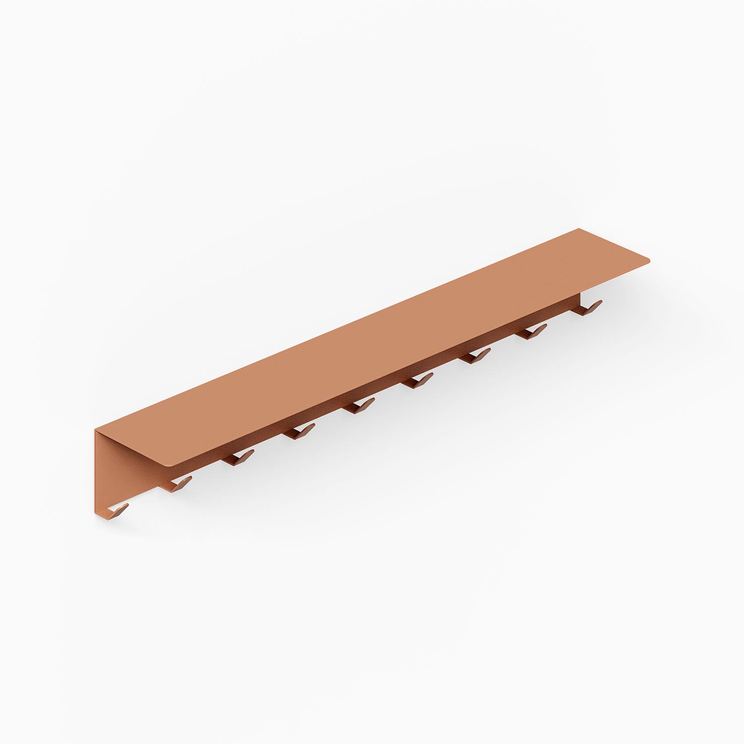 Splendid Shelf + Coat Hooks in rust-resistant steel with a minimalist design for organizing and displaying items while maximizing wall space.