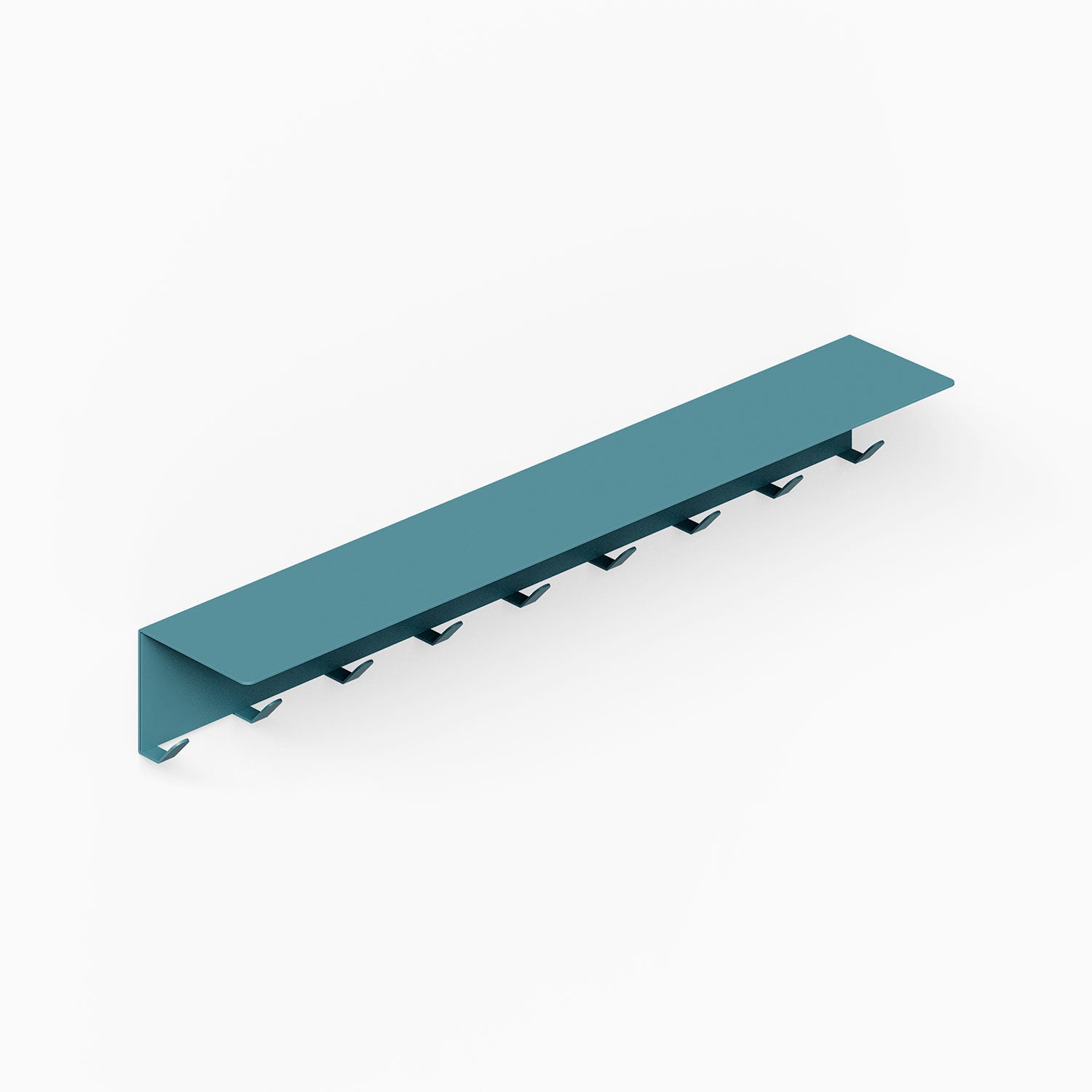 Splendid Shelf + Coat Hooks in a sleek steel design, featuring nine hooks beneath a slim, functional floating wall shelf for organized, minimalist spaces.