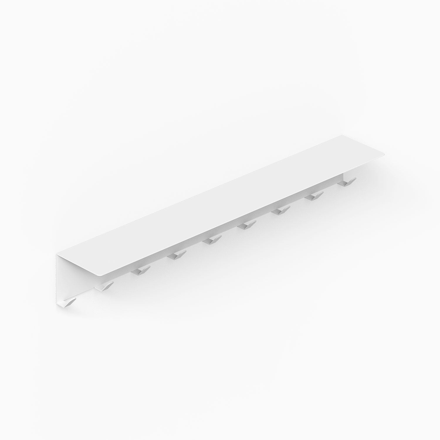 Splendid Shelf + Coat Hooks in white with nine hooks, minimalist design maximizing wall space for organized entryways and living areas.