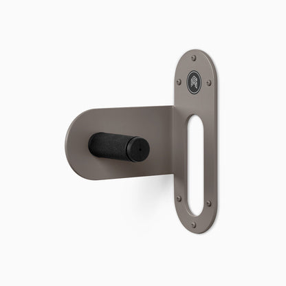 Spoke Bike Hanger – arsenic color, left orientation. Modern wall or ceiling-mounted bike hanger by Shelfology, USA-made powder coated steel.