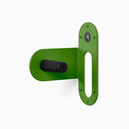 Spoke Bike Hanger – lime wire color, left orientation. Modern wall or ceiling-mounted bike hanger by Shelfology, USA-made powder coated steel.