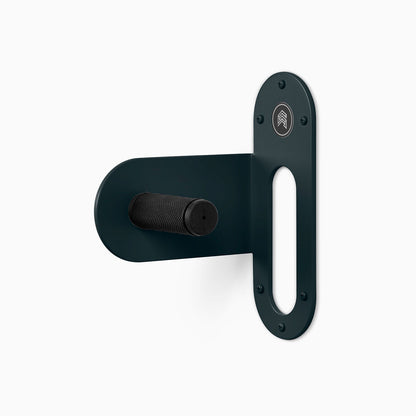 Spoke Bike Hanger – nighty night
color, left orientation. Modern wall or ceiling-mounted bike hanger by Shelfology, USA-made powder coated steel.
