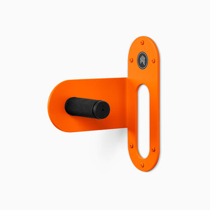 Spoke Bike Hanger – oranjelo color, left orientation. Modern wall or ceiling-mounted bike hanger by Shelfology, USA-made powder coated steel.