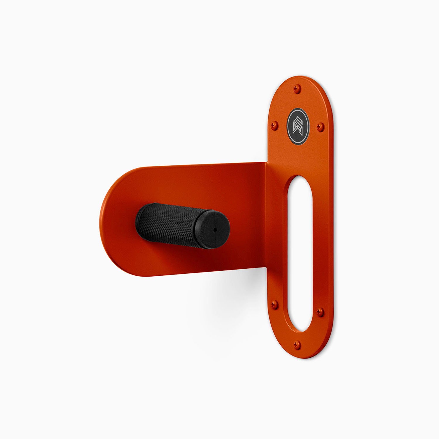 Spoke Bike Hanger – punk rock red color, left orientation. Modern wall or ceiling-mounted bike hanger by Shelfology, USA-made powder coated steel.