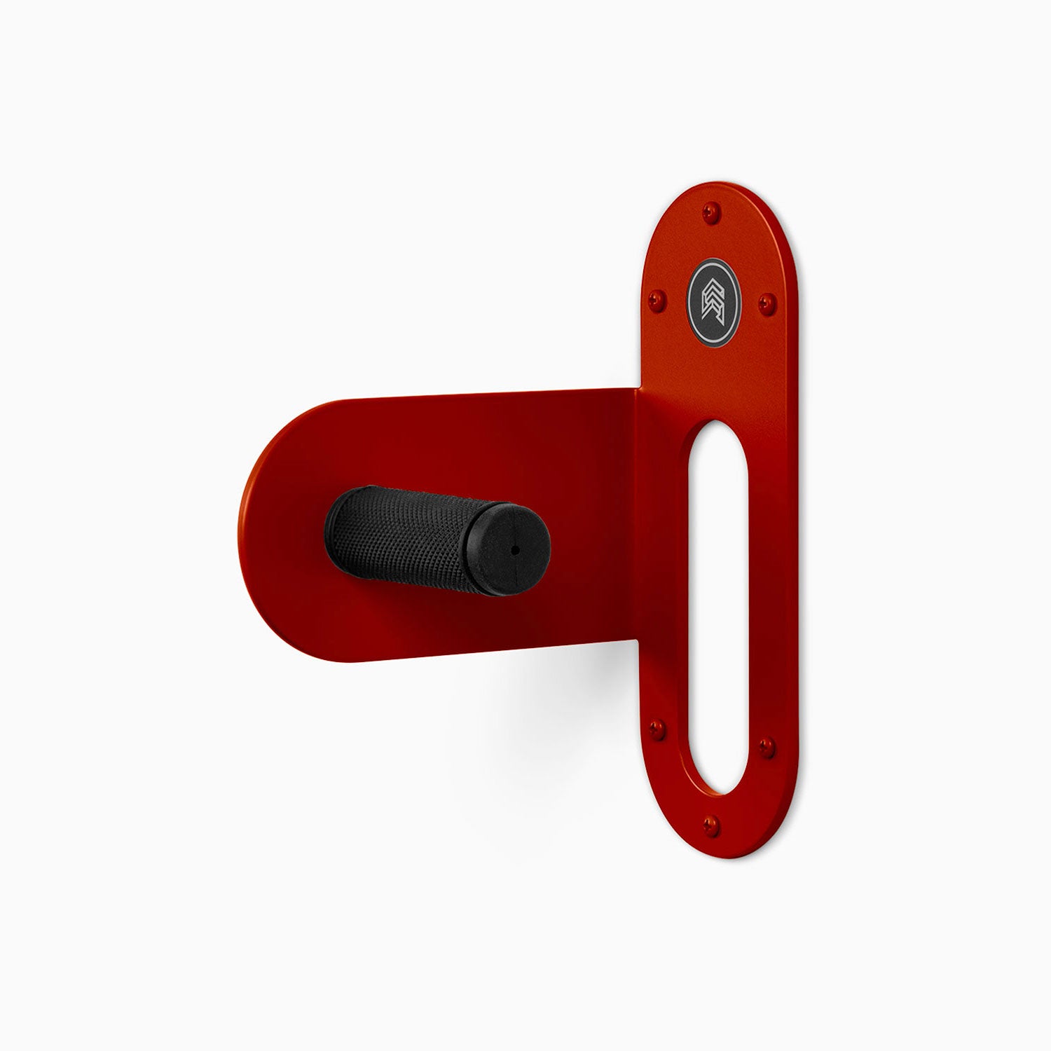 Spoke Bike Hanger – really red color, left orientation. Modern wall or ceiling-mounted bike hanger by Shelfology, USA-made powder coated steel.