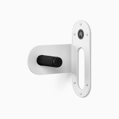 Spoke Bike Hanger – matte white color, left orientation. Modern wall or ceiling-mounted bike hanger by Shelfology, USA-made powder coated steel.