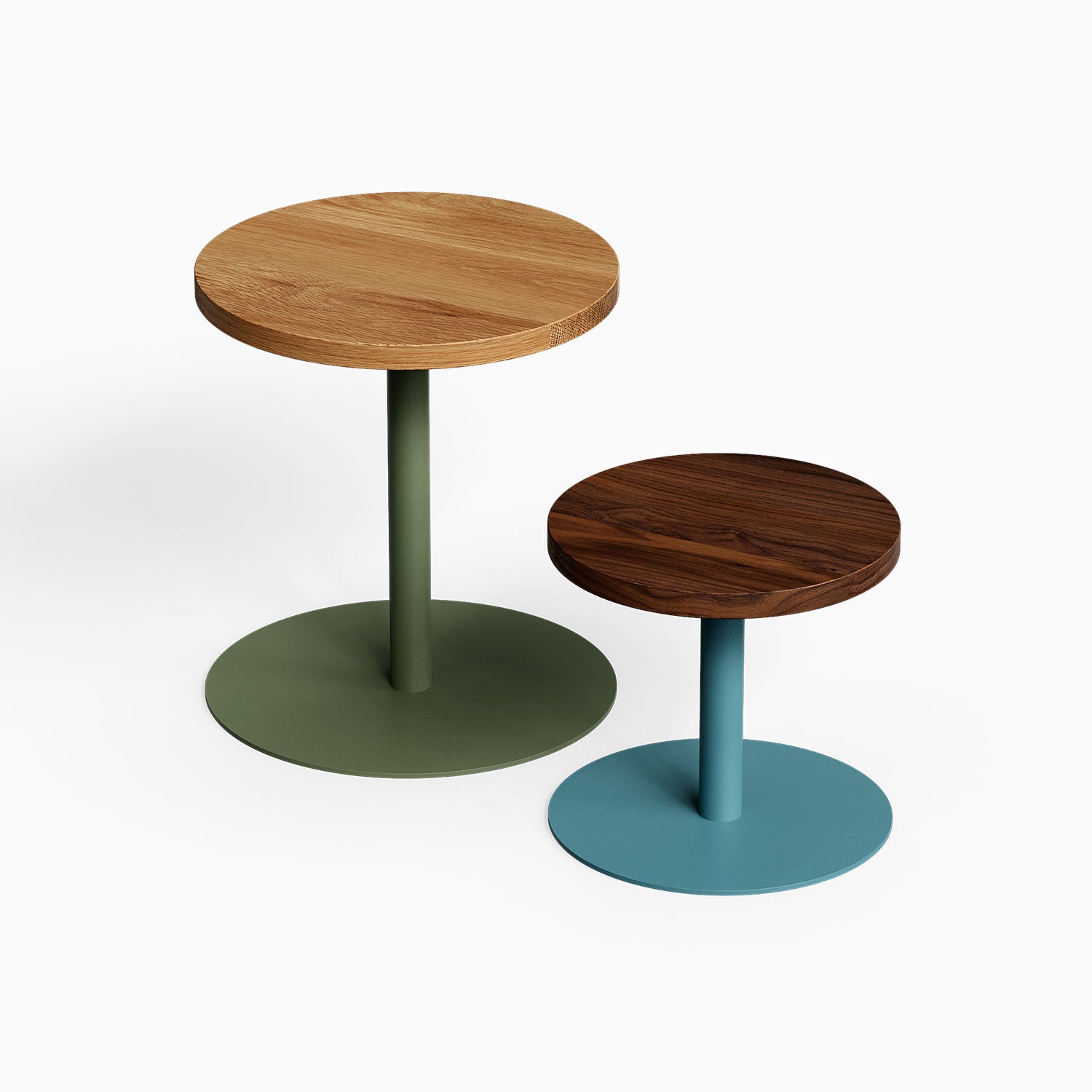 Spot On Side Table shown in two sizes with round wood tops and colorful pedestal bases in green and blue