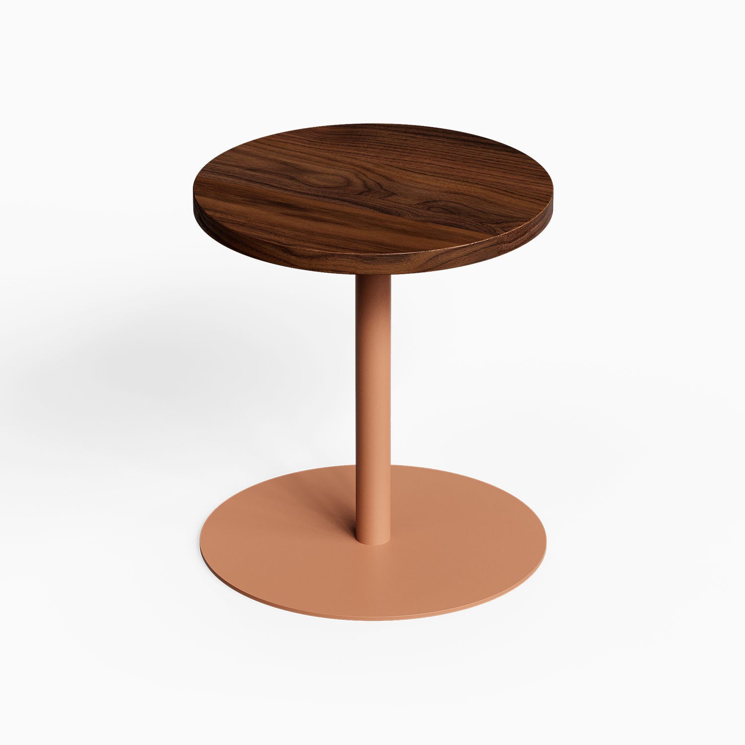 Spot On Side Table with round dark wood top and copper metal pedestal base for compact display and functional organization