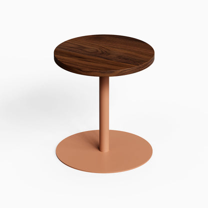 Spot On Side Table with round dark wood top and copper metal pedestal base for compact display and functional organization