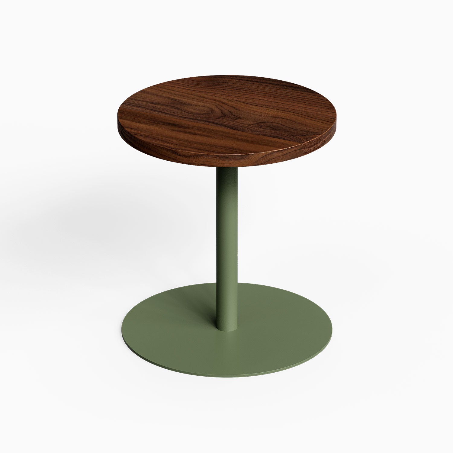 Spot On Side Table with round wood top and green steel pedestal base for compact minimalist spaces
