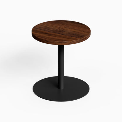 Spot On Side Table with round dark wood tabletop and black metal pedestal base for compact functional display