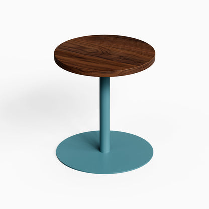 Spot On Side Table with round wood top and teal pedestal base shown against a clean white background