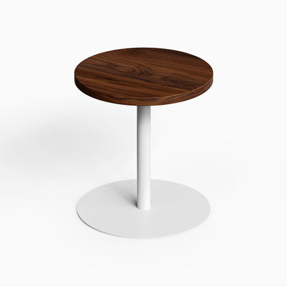 Spot On Side Table with a round dark wood tabletop and slim white pedestal base