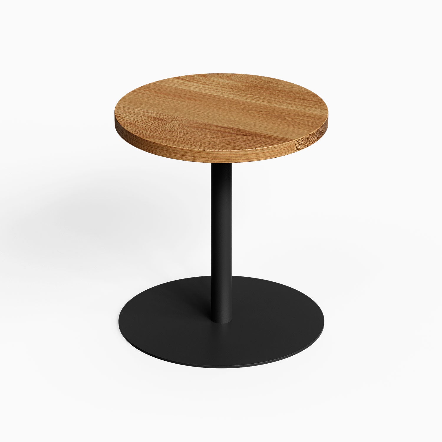 Spot On Side Table with round wood top and black metal pedestal base for minimalist functional organization
