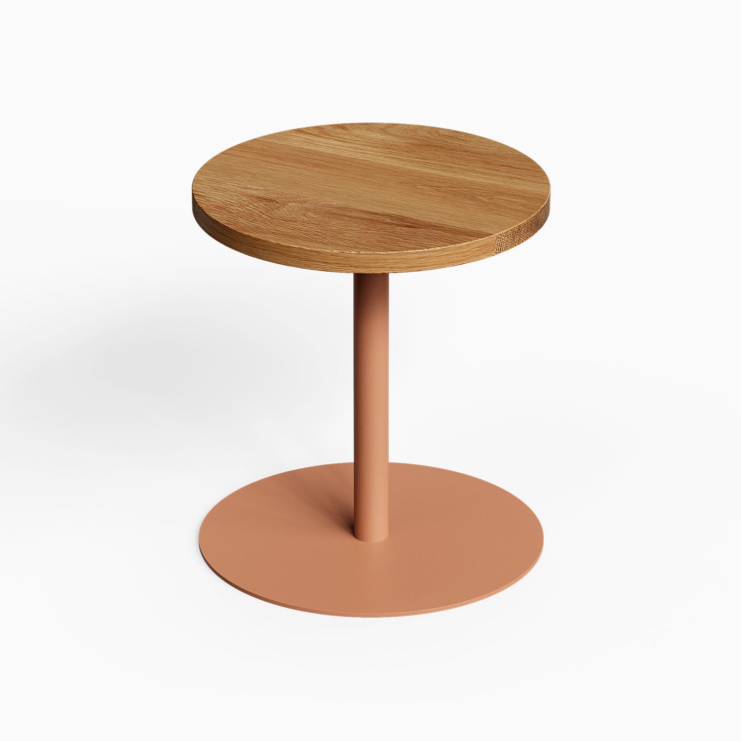 Spot On Side Table with round wood top and copper finish pedestal base for minimalist functional room organization