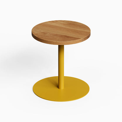 Spot On Side Table with round wood tabletop and gold metal pedestal base for compact display and functional organization
