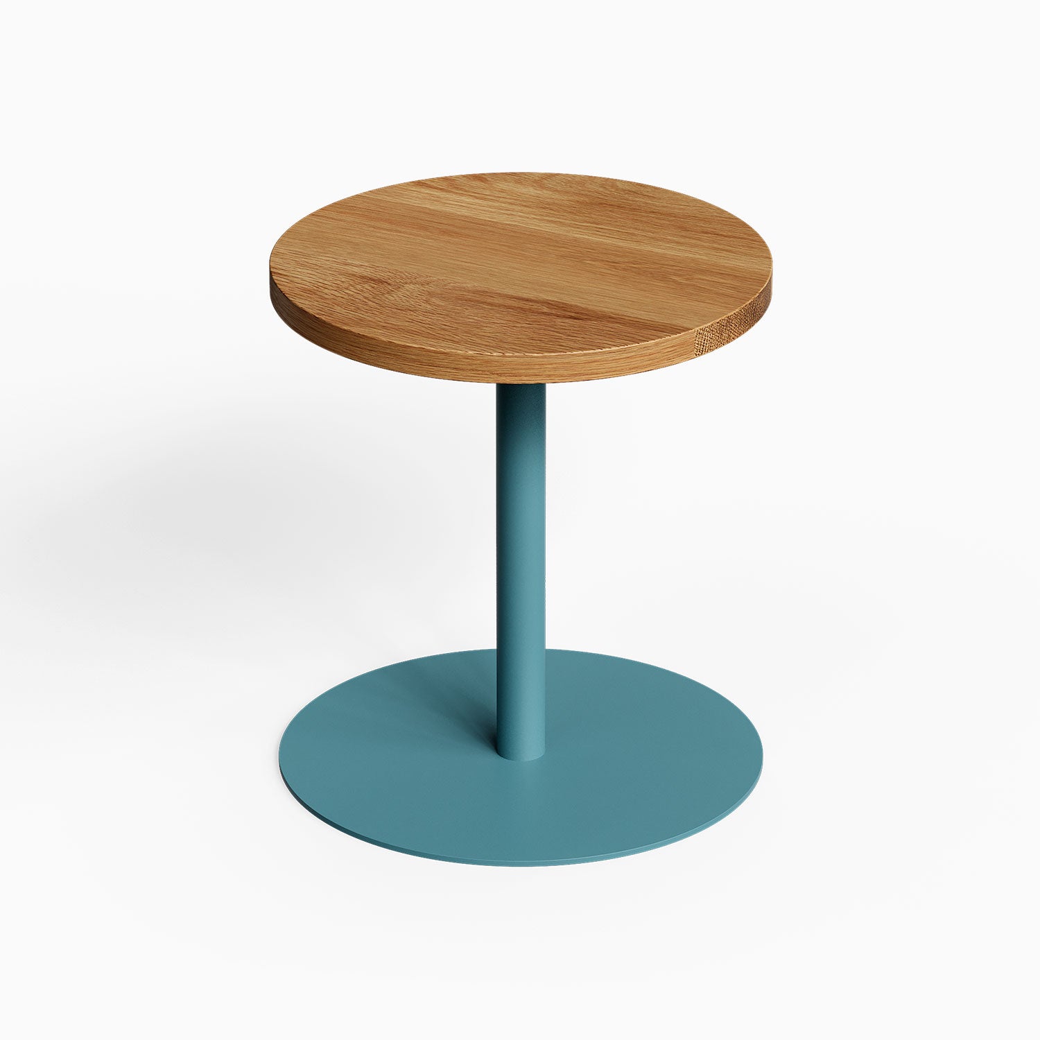 Spot On Side Table with round wood top and teal steel pedestal base for minimalist functional display