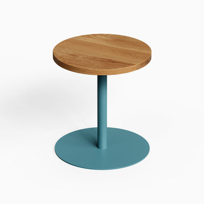 Spot On Side Table with round wood top and teal steel pedestal base for minimalist functional display
