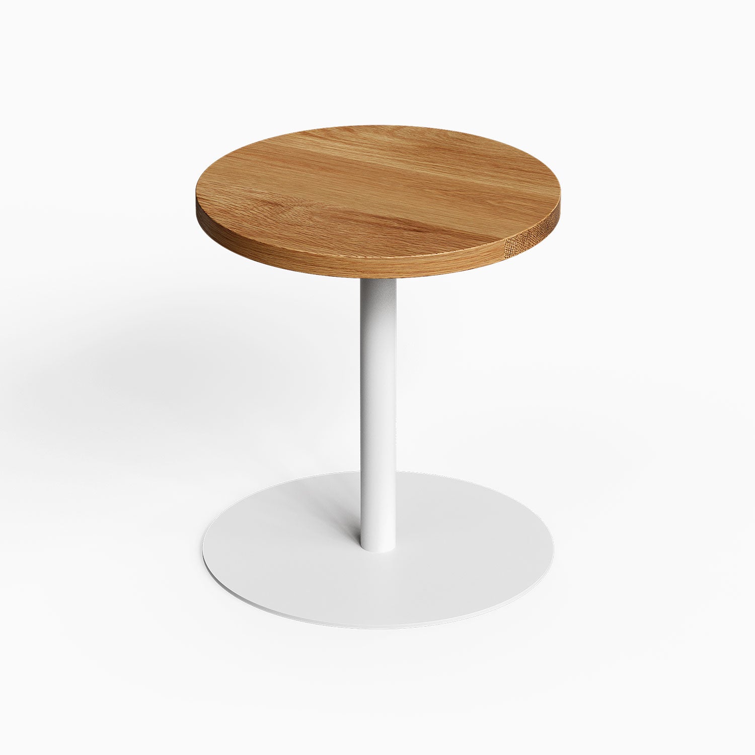 Spot On Side Table with a round wood tabletop and white pedestal base in a clean minimalist design