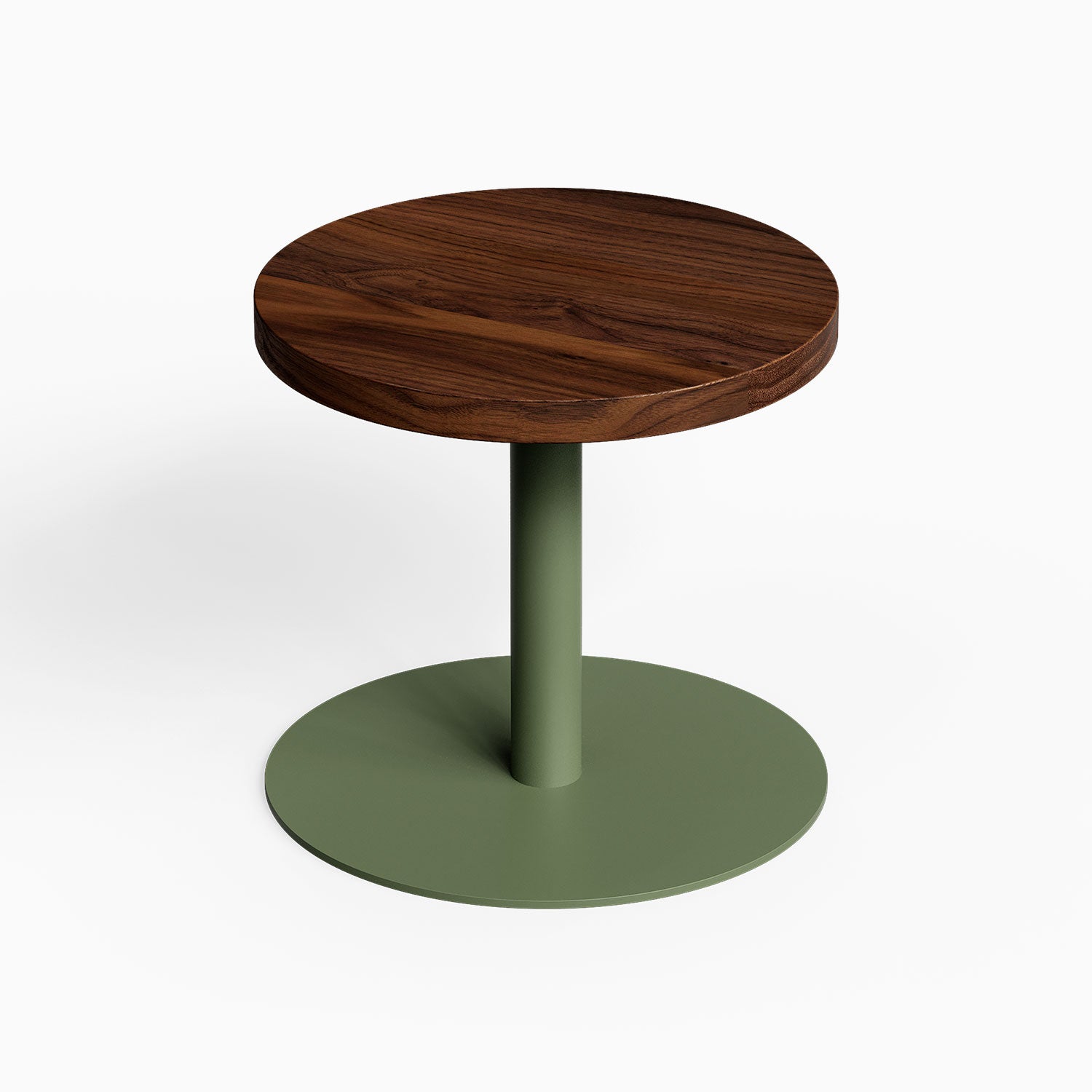 Spot On Side Table with a round dark wood top and green metal pedestal base for compact display and organization