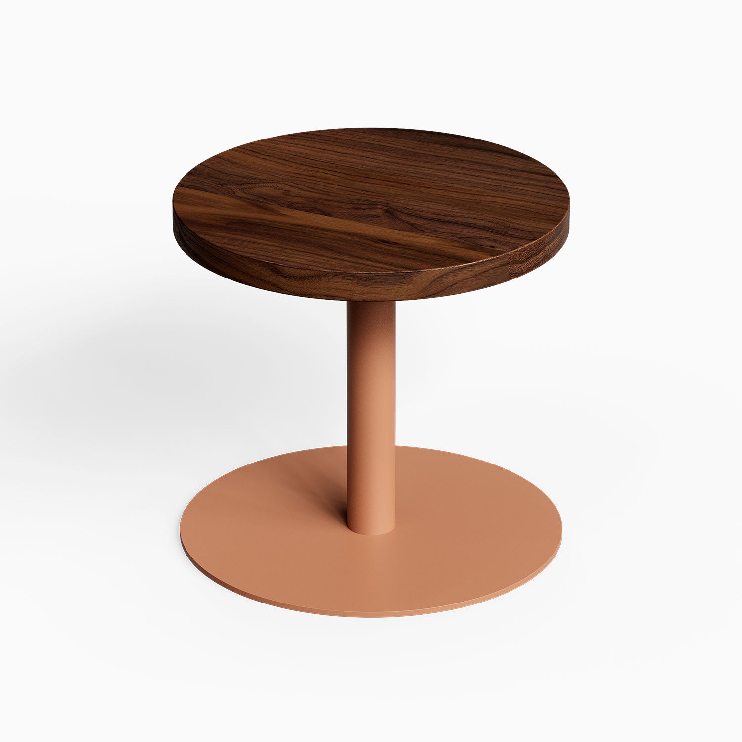 Spot On Side Table with a round dark wood tabletop and copper metal pedestal base in a minimalist design