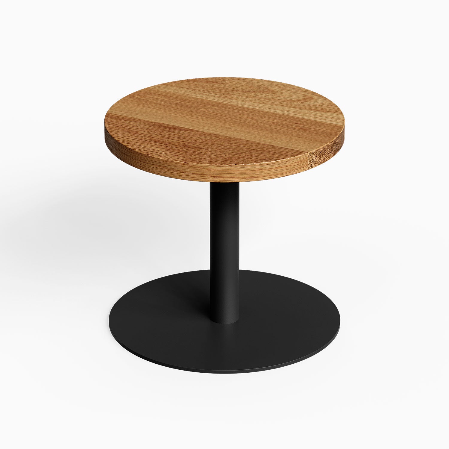 Spot On Side Table with round wood tabletop and black metal pedestal base for minimalist functional organization