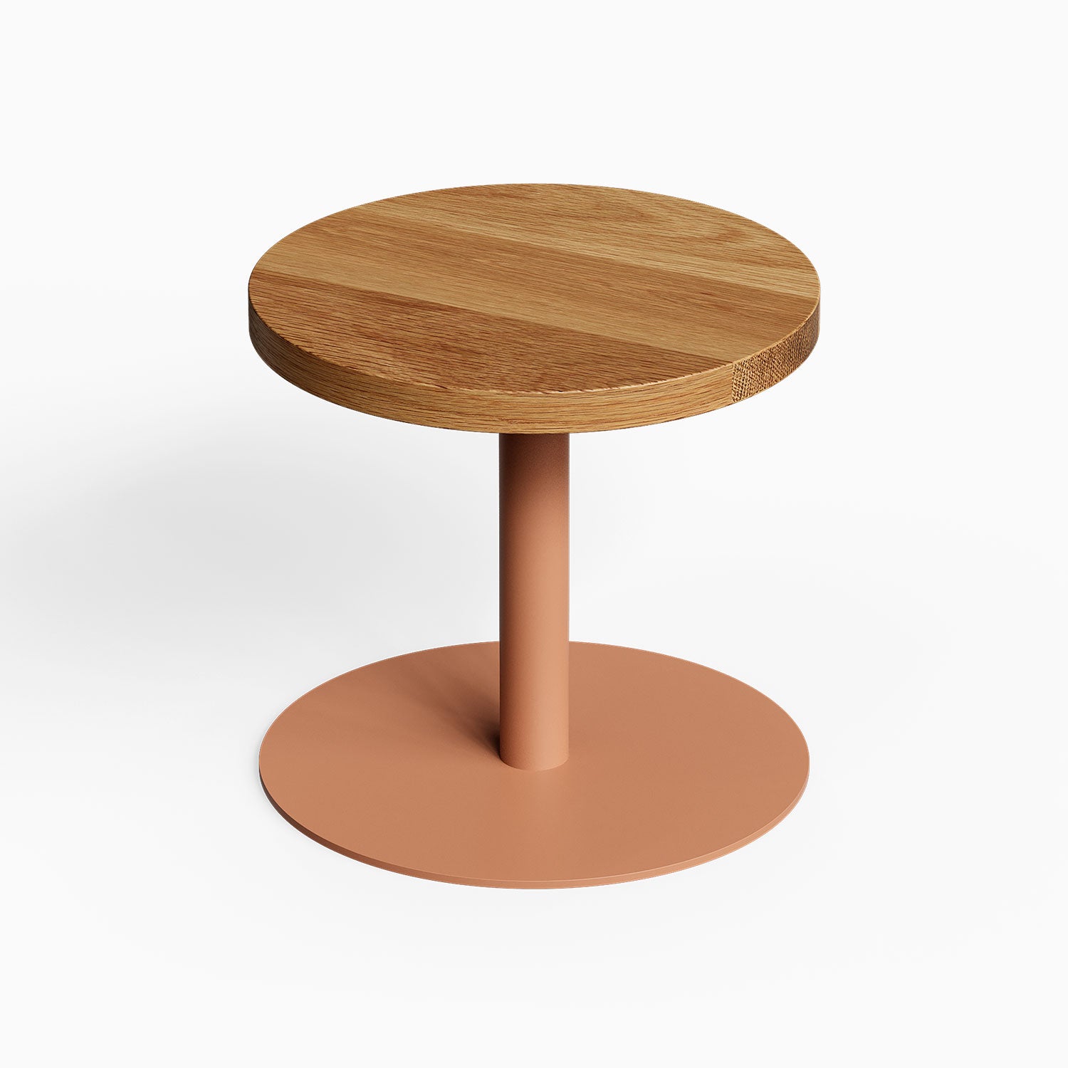 Spot On Side Table with round wood top and copper toned pedestal base for compact modern display and organization