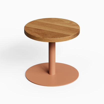 Spot On Side Table with round wood top and copper toned pedestal base for compact modern display and organization