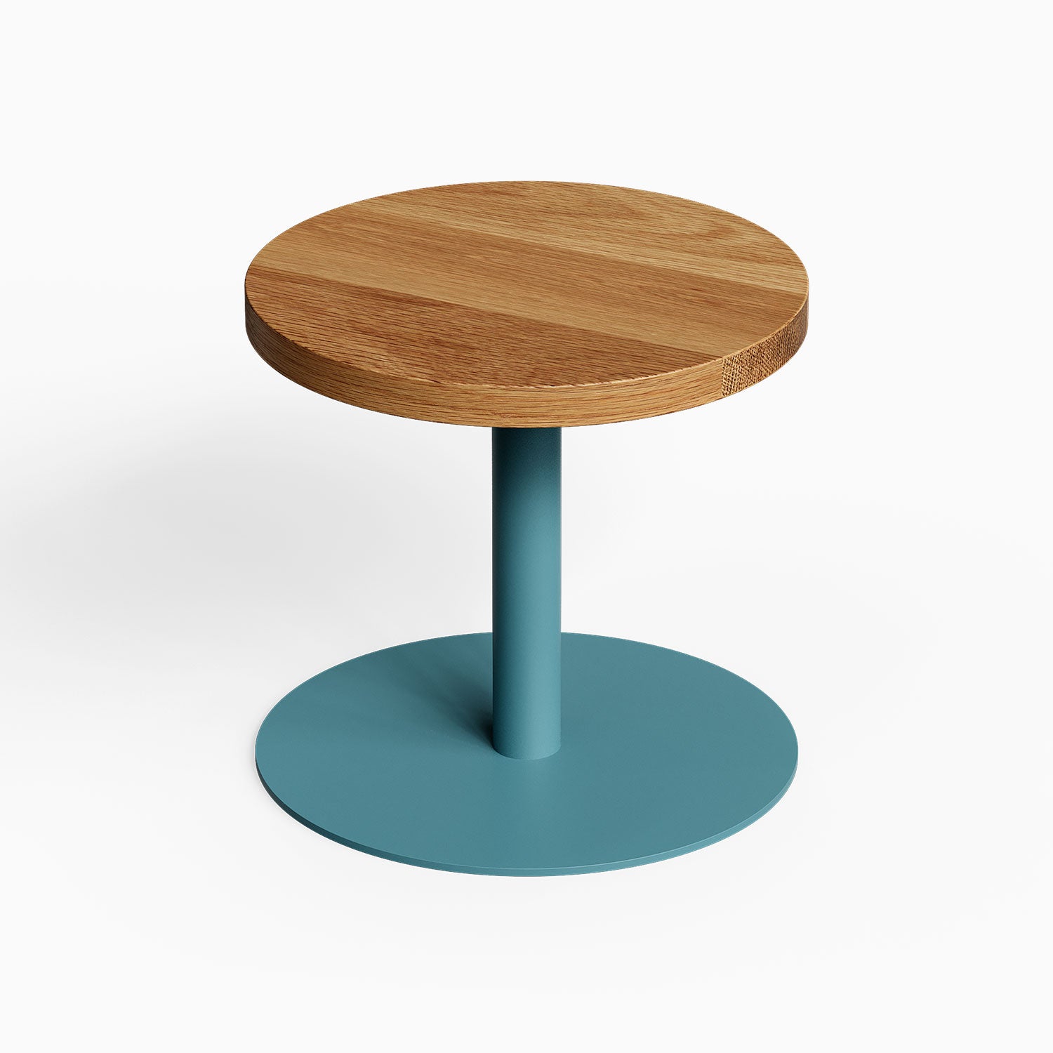 Spot On Side Table with a round solid hardwood top and teal metal pedestal base for functional modern display and organization