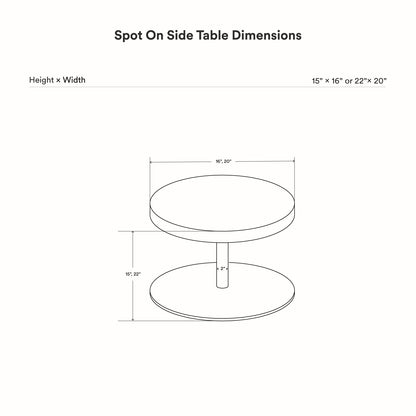 Spot On Side Table dimension diagram showing 15 to 22 inch height and 16 to 20 inch width with two round surfaces