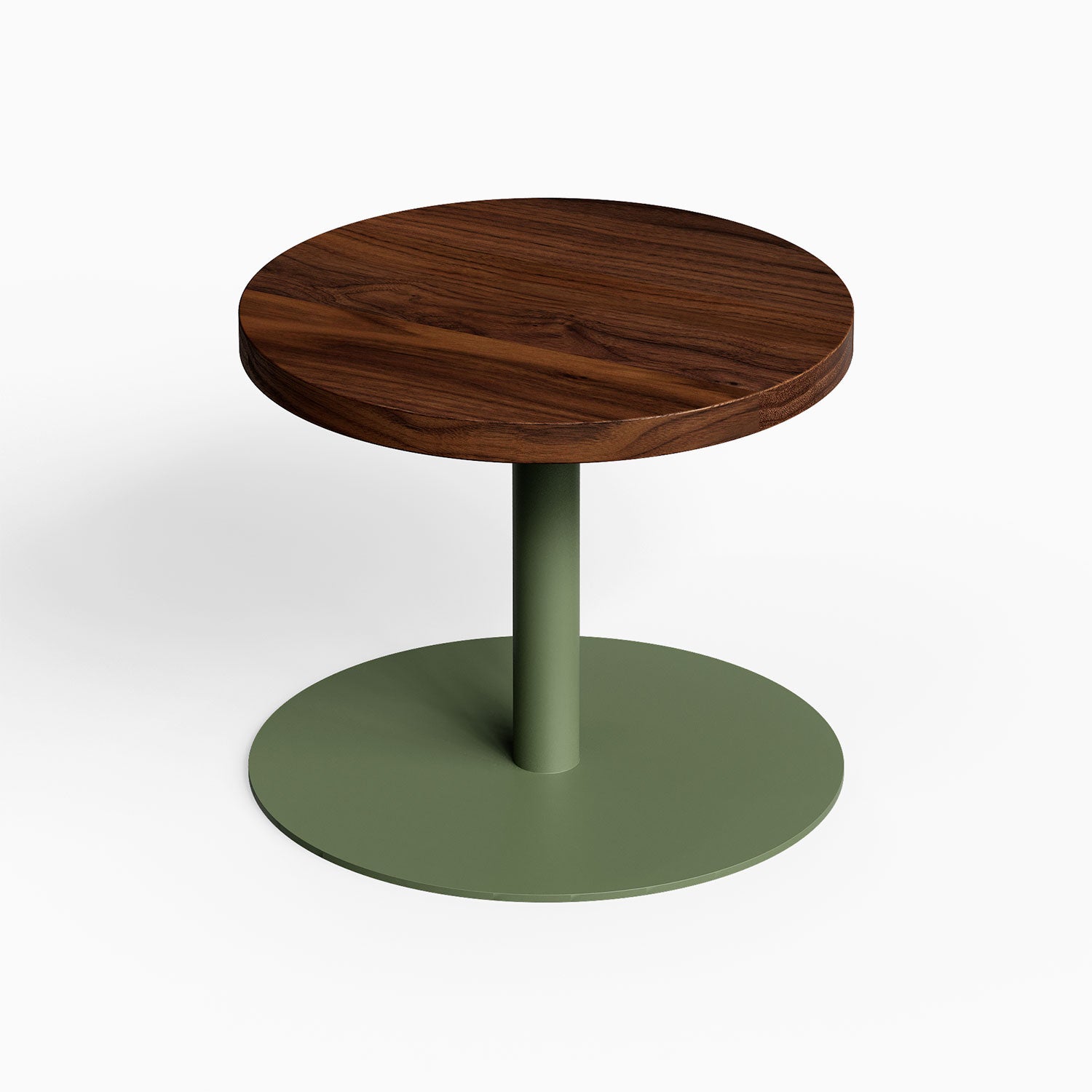 Spot On Side Table featuring a round walnut wood top and matte olive green steel base, minimalist and functional design for versatile spaces.