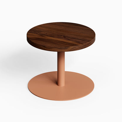 Minimalist Spot On Side Table with walnut wood top and matte rust-colored steel base, designed to maximize functional style and organization.