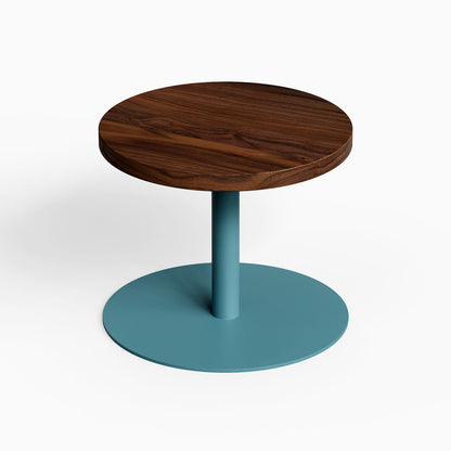 Spot On Side Table with a rich walnut wood top and sturdy matte blue steel base, minimalist design balancing form and function.