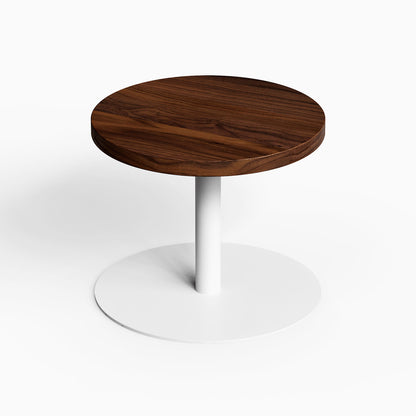 Spot On Side Table with solid hardwood walnut top and white steel base, minimalist design perfect for functional modern spaces and display.