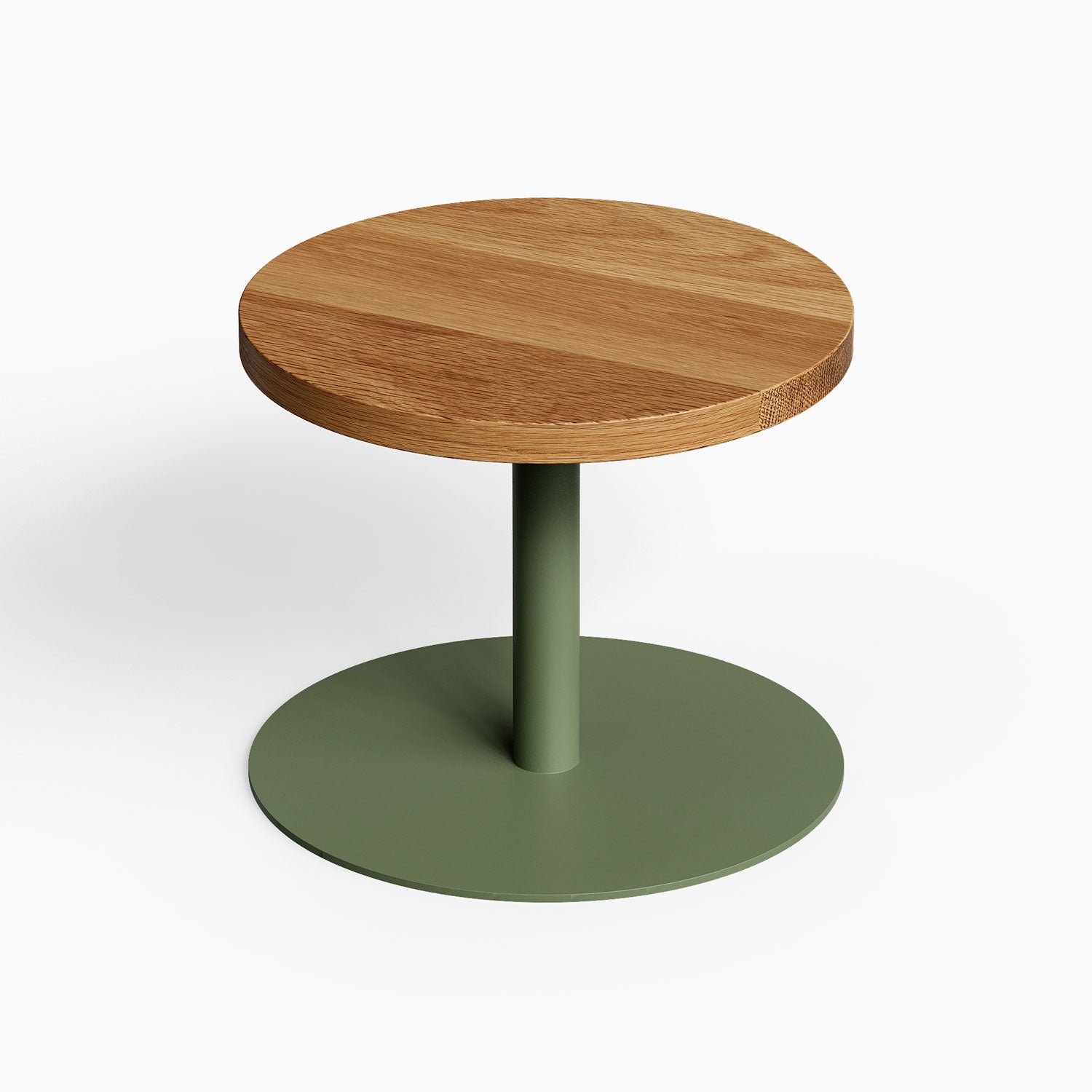 Spot On Side Table featuring a minimalist round solid hardwood top and sturdy matte green metal base designed for functional modern spaces.