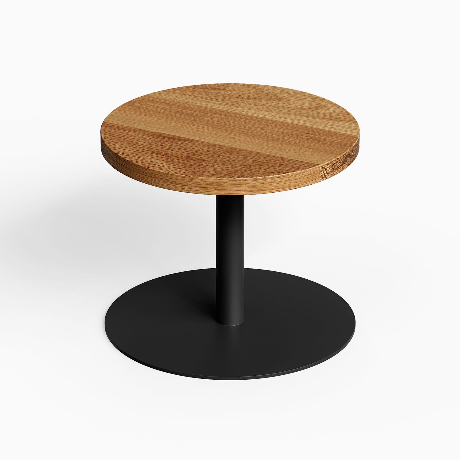 Minimalist Spot On Side Table with solid hardwood round top and sturdy black metal base, designed for functional modern living spaces.