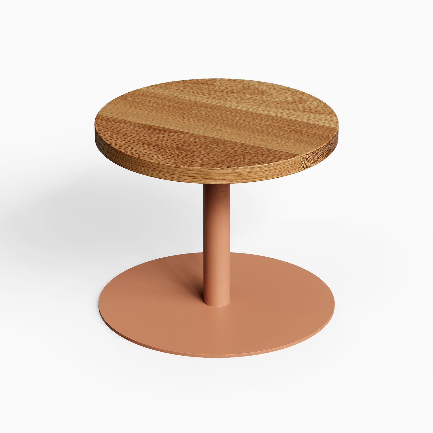 Spot On Side Table with round solid hardwood top and matte clay-colored metal base, minimalist design perfect for modern spaces.
