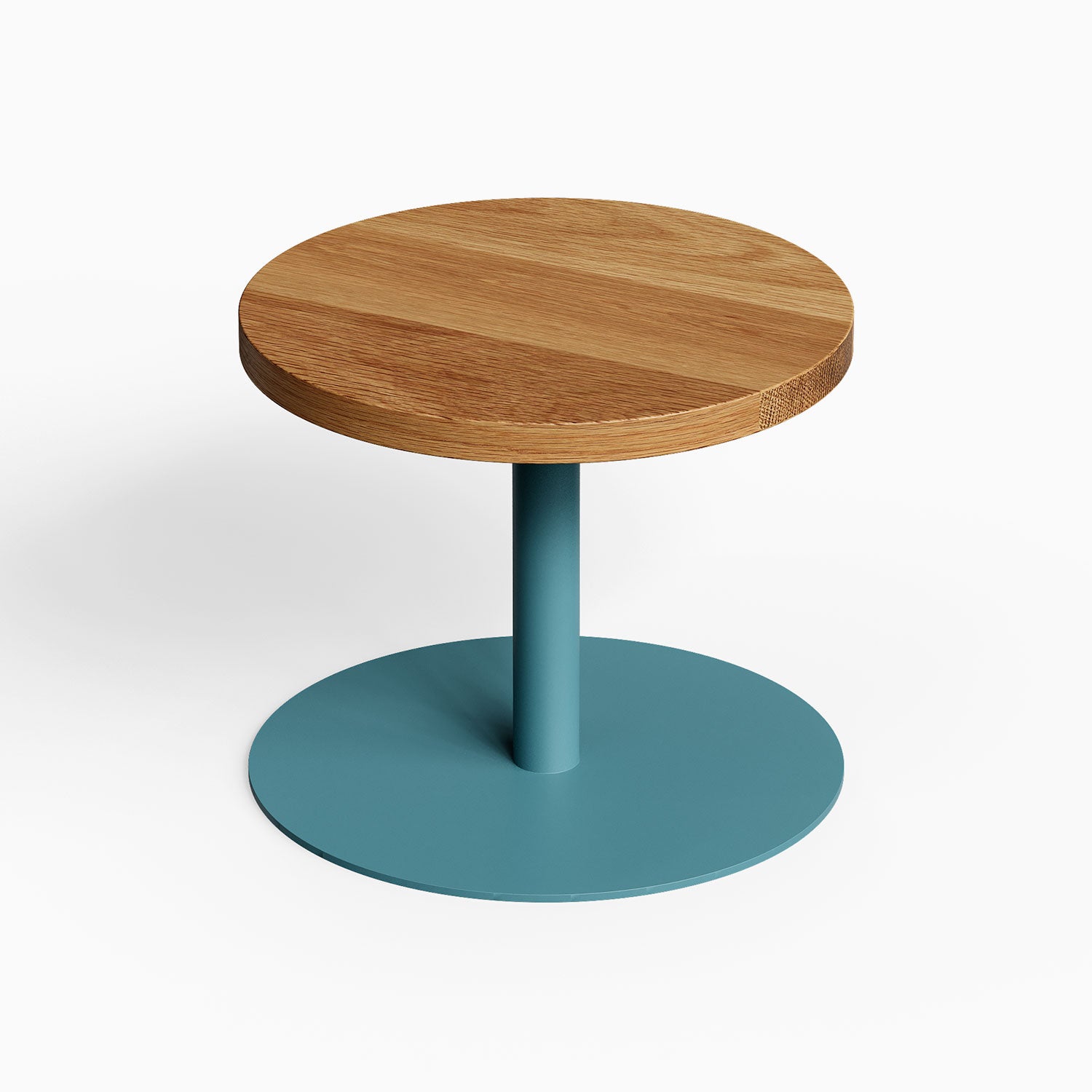 Spot On Side Table with a solid hardwood round top and matte blue steel base, minimalist design perfect for modern spaces.