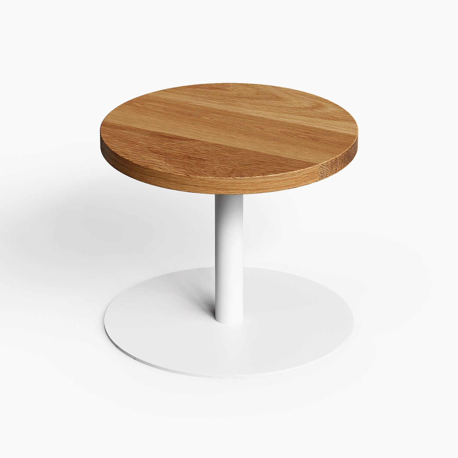 Spot On Side Table with solid hardwood round top and minimalist white metal base, designed for functional, durable American-made style.