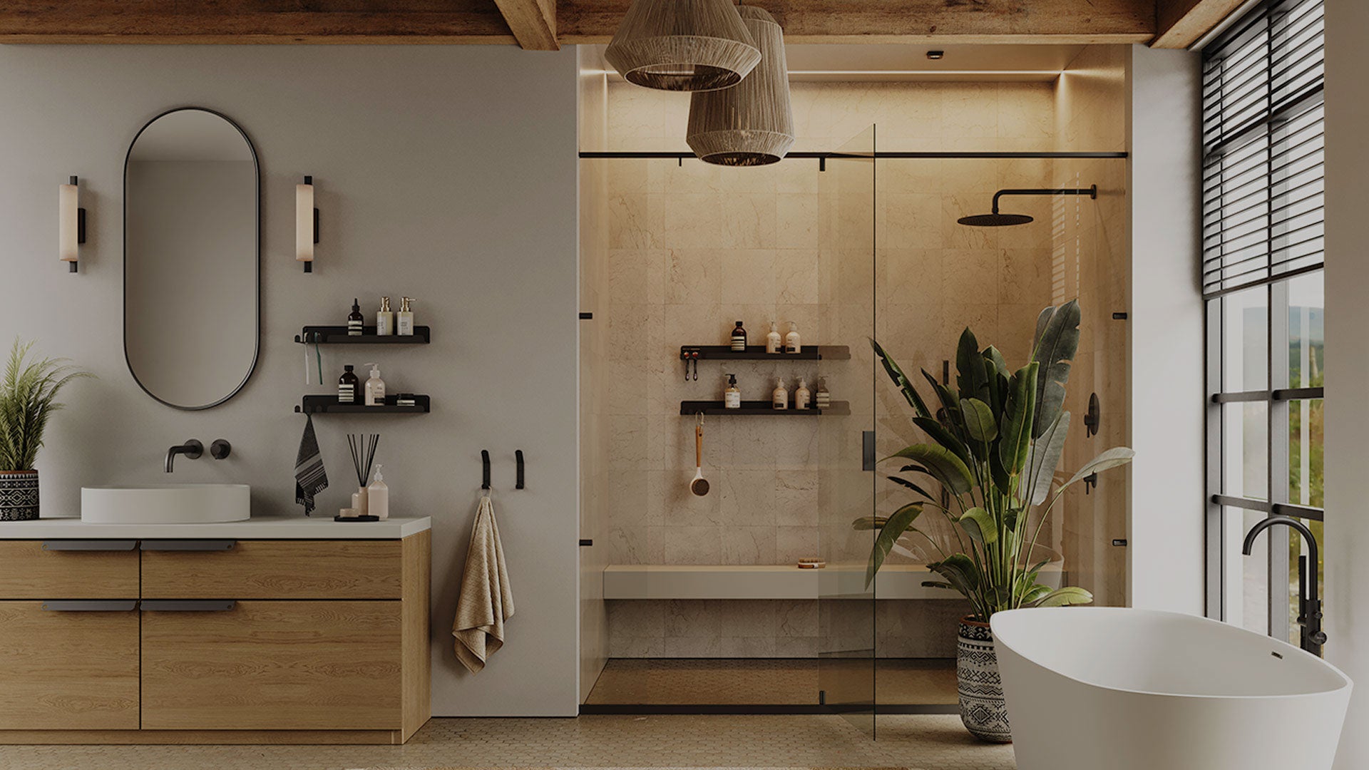 Bathroom with wood floating shelves holding toiletries and decor, walk-in shower with glass door, freestanding tub, and large window blinds