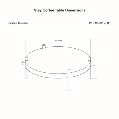 Diagram showing dimensions of the Stay Coffee Table with a round top available in 30, 36, or 42 inches diameter and 18 inches height, highlighting minimalist design.
